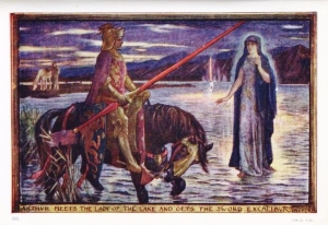Illustration by H.J. Ford for Andrew Lang's Tales of Romance, 1919. Arthur meets the Lady of the Lake and gets the Sword Excalibur