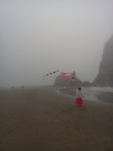 The author goes kite flying in the fog, Cannon Beach, Haystack Rock , August 2013