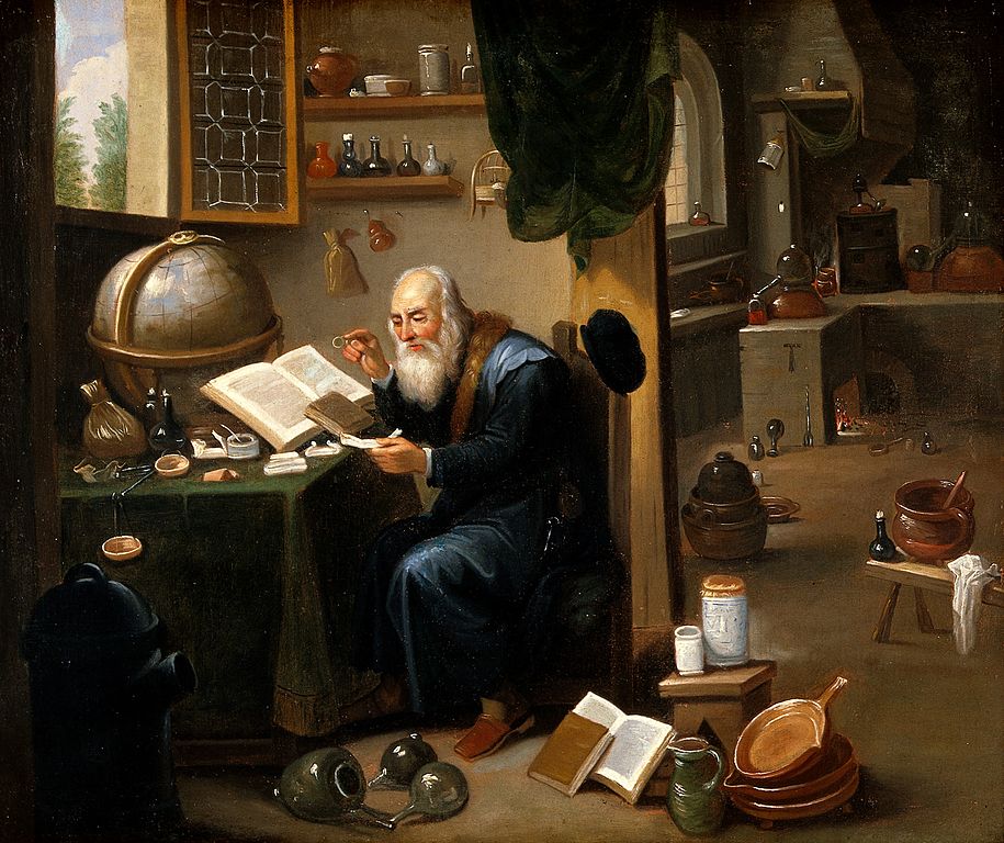 915px-An_alchemist_in_his_laboratory._Oil_painting_by_a_follower_o_Wellcome_V0017631