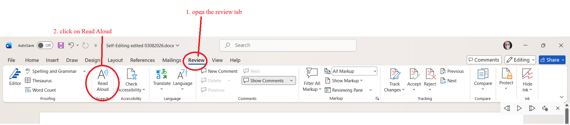 screenshot of the read aloud function